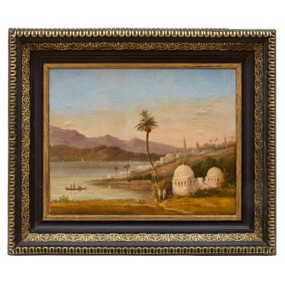 Nicolas Louis Andr Prevost Antique Swiss Orientalist oil painting of a mosque by the coast by Prevost