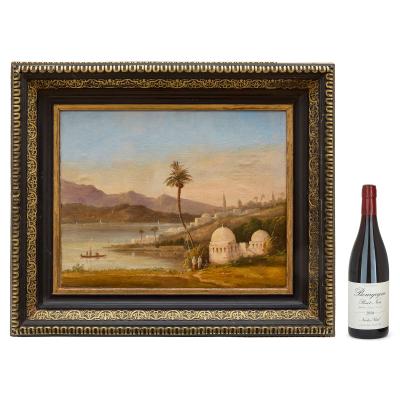 Nicolas Louis Andr Prevost Antique Swiss Orientalist oil painting of a mosque by the coast by Prevost