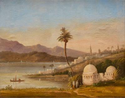 Nicolas Louis Andr Prevost Antique Swiss Orientalist oil painting of a mosque by the coast by Prevost