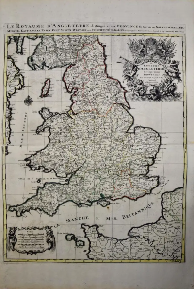 Nicolas Sanson Great Britain N France A Large 17th C Hand colored Map by Sanson and Jaillot