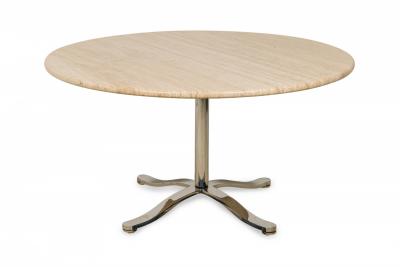 Nicos Zographos Mid Century American Circular Travertine and Steel Dining Table