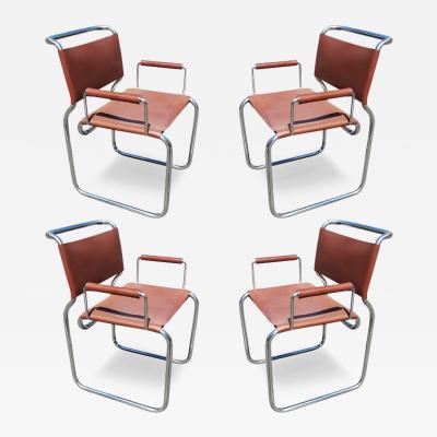 Nicos Zographos Set of 4 Nicos Zographos Rare Stainless Steel Leather Armchairs Dining Chairs