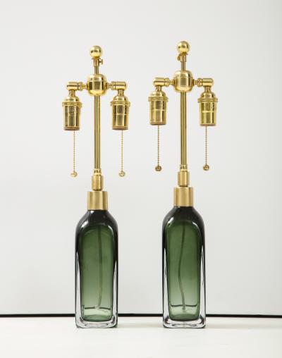 Nils Landberg Pair of Bottle Green Orrefors lamps 