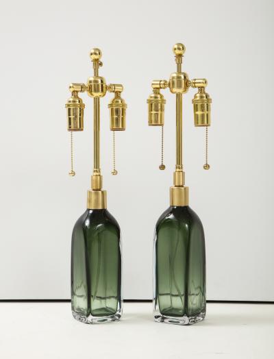 Nils Landberg Pair of Bottle Green Orrefors lamps 