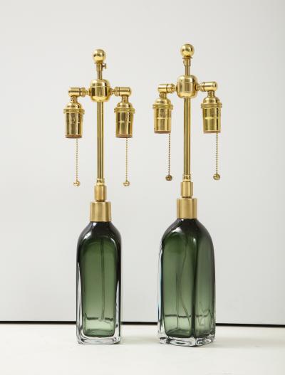 Nils Landberg Pair of Bottle Green Orrefors lamps 