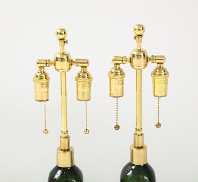 Nils Landberg Pair of Bottle Green Orrefors lamps 