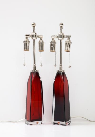 Nils Landberg Pair of Ruby Red Crystal Lamps by Nils Landberg for Orrefors 