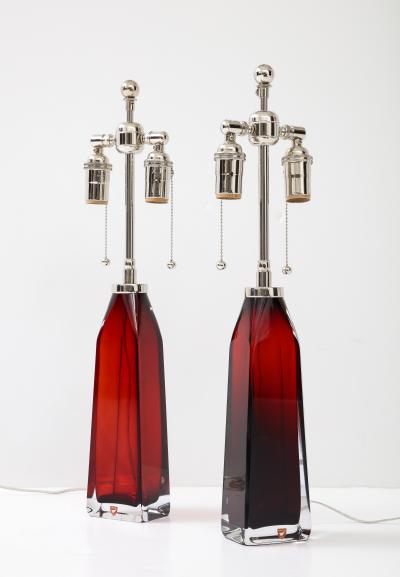 Nils Landberg Pair of Ruby Red Crystal Lamps by Nils Landberg for Orrefors 