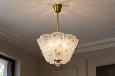 Nils Landberg Rare Chandelier Etched Glass Brass Sweden 1940s
