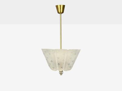 Nils Landberg Rare Chandelier Etched Glass Brass Sweden 1940s