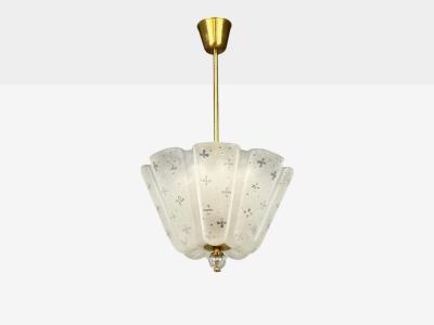 Nils Landberg Rare Chandelier Etched Glass Brass Sweden 1940s