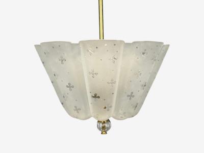 Nils Landberg Rare Chandelier Etched Glass Brass Sweden 1940s