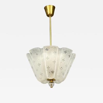 Nils Landberg Rare Chandelier Etched Glass Brass Sweden 1940s