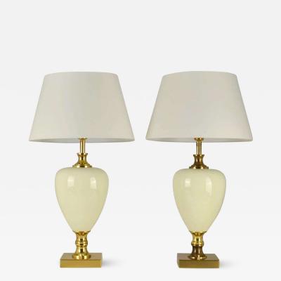 Nino Zoncada Pair of Cream Porcelain and Brass Table Lamps by Zonca Italy 1970s