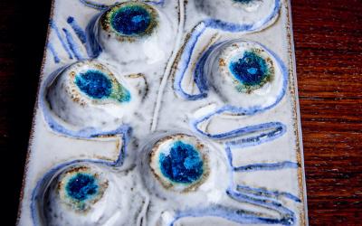 Noomi Backhausen Noomi Backhausen White Blue Mural 3557 in Ceramic for Soholm Denmark 1960s