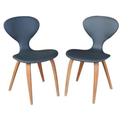 Norman Cherner Pair of Vintage Norman Cherner Plycraft Wood Leather Chairs