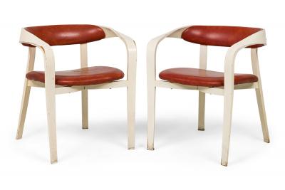 Norman Cherner Set of 5 Norman Cherner For Plycraft Plywood and Orange Vinyl Dining Chairs