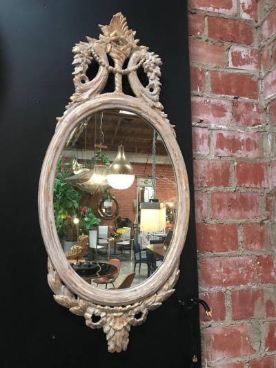 Northern European Oval Carved Wood Mirror with White Frame early 19th century