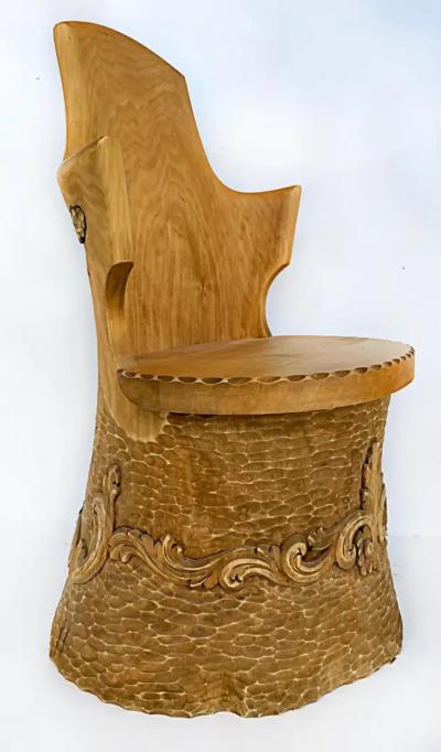 Norwegian Carved Kubbestol Chairs Hand Carved Tree Trunks with Birds and Turkey