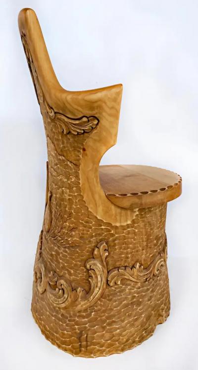 Norwegian Carved Kubbestol Chairs Hand Carved Tree Trunks with Birds and Turkey