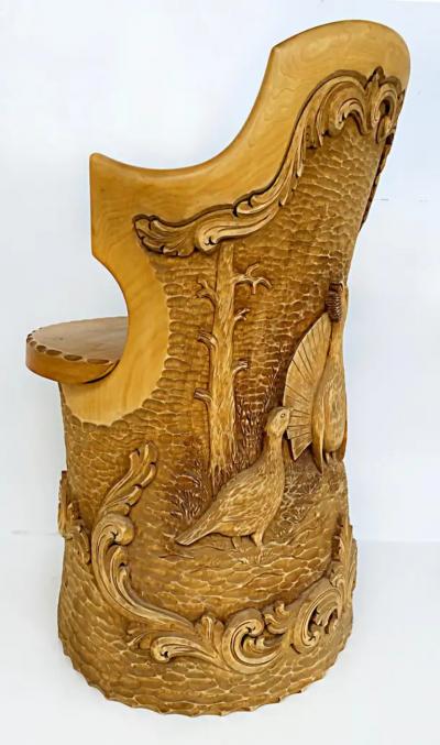 Norwegian Carved Kubbestol Chairs Hand Carved Tree Trunks with Birds and Turkey