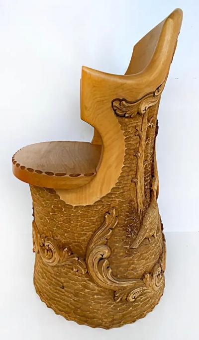 Norwegian Carved Kubbestol Chairs Hand Carved Tree Trunks with Birds and Turkey