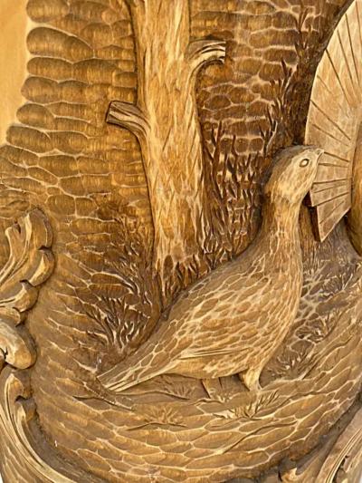 Norwegian Carved Kubbestol Chairs Hand Carved Tree Trunks with Birds and Turkey