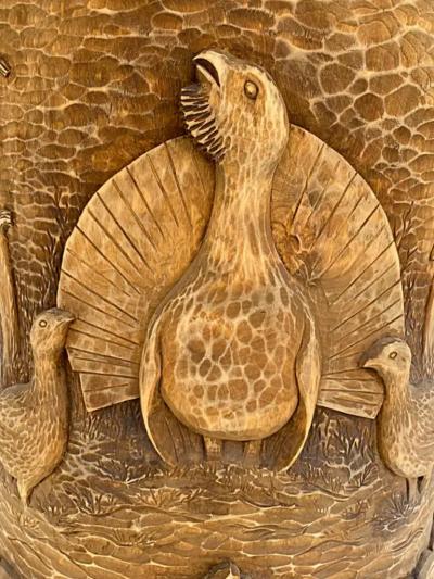 Norwegian Carved Kubbestol Chairs Hand Carved Tree Trunks with Birds and Turkey