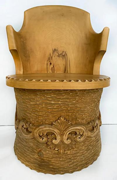 Norwegian Carved Kubbestol Chairs Hand Carved Tree Trunks with Birds and Turkey