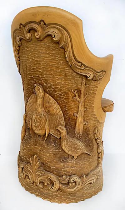 Norwegian Carved Kubbestol Chairs Hand Carved Tree Trunks with Birds and Turkey