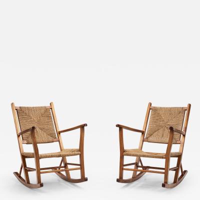 Norwegian Wood and Papercord Rocking Chairs by Sla ke M belfabrikk Norway 1940s