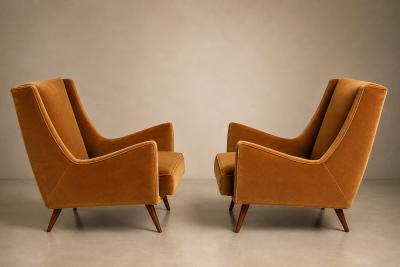 Novo Rumo Brazilian Modern Pair of Camel Mohair Club Chairs in Hardwood Att to Novo Rumo