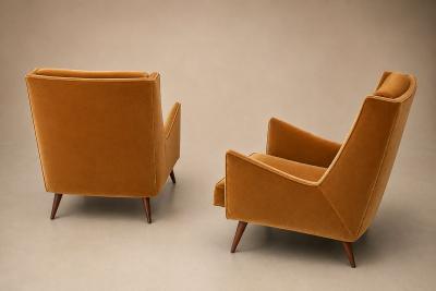 Novo Rumo Brazilian Modern Pair of Camel Mohair Club Chairs in Hardwood Att to Novo Rumo