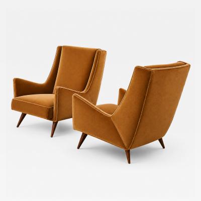Novo Rumo Brazilian Modern Pair of Camel Mohair Club Chairs in Hardwood Att to Novo Rumo