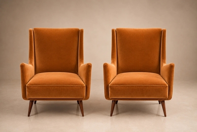 Novo Rumo Brazilian Modern Pair of Camel Mohair Club Chairs in Hardwood Att to Novo Rumo