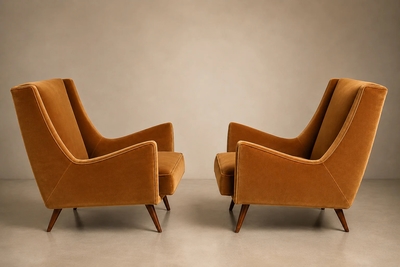 Novo Rumo Brazilian Modern Pair of Camel Mohair Club Chairs in Hardwood Att to Novo Rumo