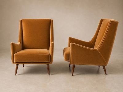 Novo Rumo Brazilian Modern Pair of Camel Mohair Club Chairs in Hardwood Att to Novo Rumo