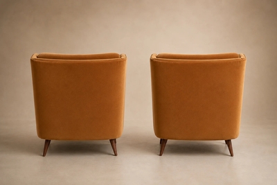 Novo Rumo Brazilian Modern Pair of Camel Mohair Club Chairs in Hardwood Att to Novo Rumo