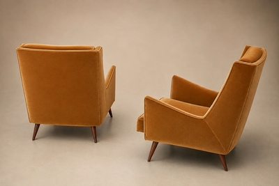 Novo Rumo Brazilian Modern Pair of Camel Mohair Club Chairs in Hardwood Att to Novo Rumo