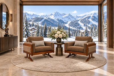 Novo Rumo Pair of Armchairs in Cavi na and Mushroom Taupe Mohair Novo Rumo