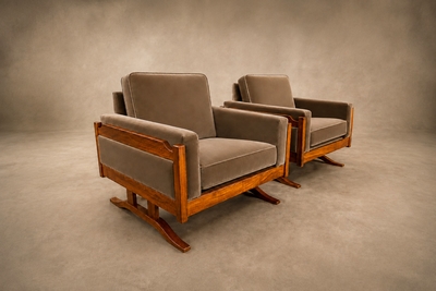 Novo Rumo Pair of Armchairs in Cavi na and Mushroom Taupe Mohair Novo Rumo