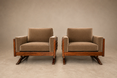 Novo Rumo Pair of Armchairs in Cavi na and Mushroom Taupe Mohair Novo Rumo