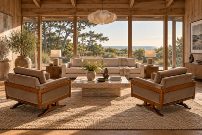 Novo Rumo Pair of Armchairs in Cavi na and Mushroom Taupe Mohair Novo Rumo