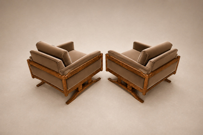 Novo Rumo Pair of Armchairs in Cavi na and Mushroom Taupe Mohair Novo Rumo