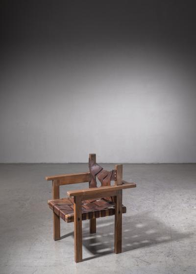 Nutwood and leather modernist chair France 1940s