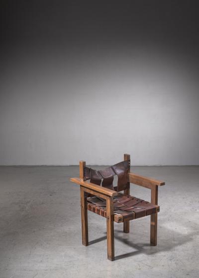 Nutwood and leather modernist chair France 1940s