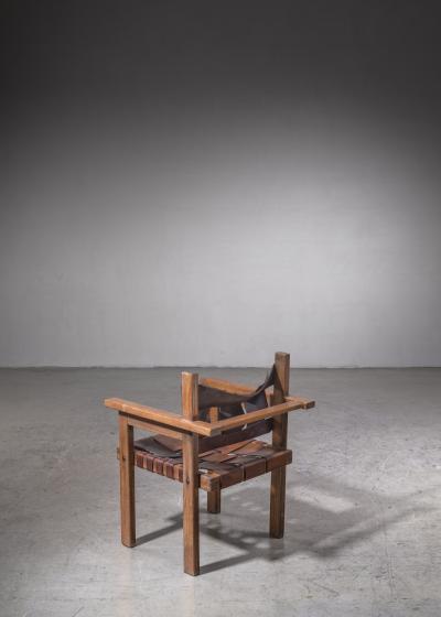 Nutwood and leather modernist chair France 1940s