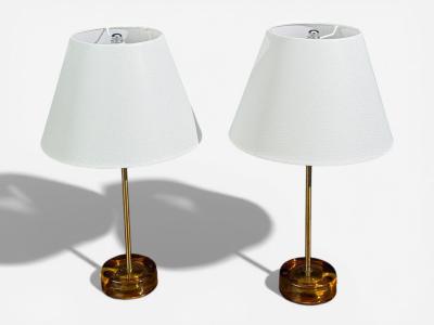 Nybro Armaturfabrik Table Lamps Amber Glass Brass Sweden 1970s