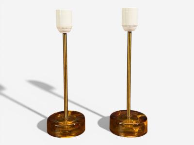 Nybro Armaturfabrik Table Lamps Amber Glass Brass Sweden 1970s