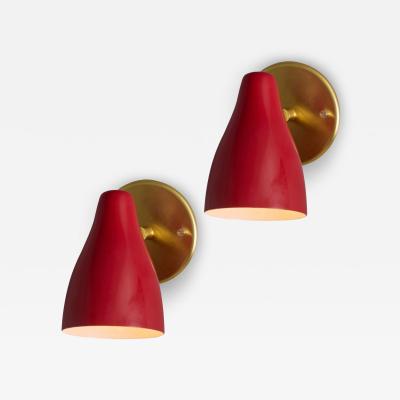 O Luce Pair of 1960s Giuseppe Ostuni Red and Brass Articulating Sconces for O Luce